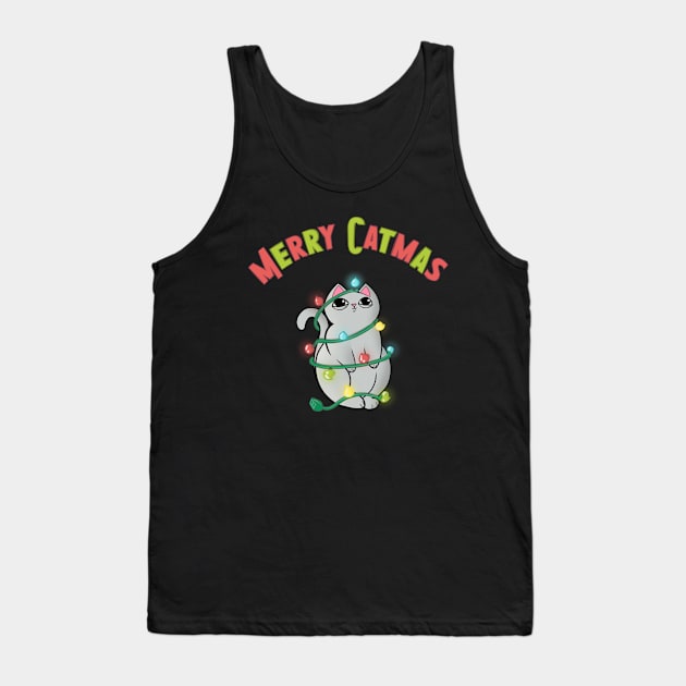 Merry Catmas Cat wrappaed in Christmas Lights Tank Top by xenotransplant